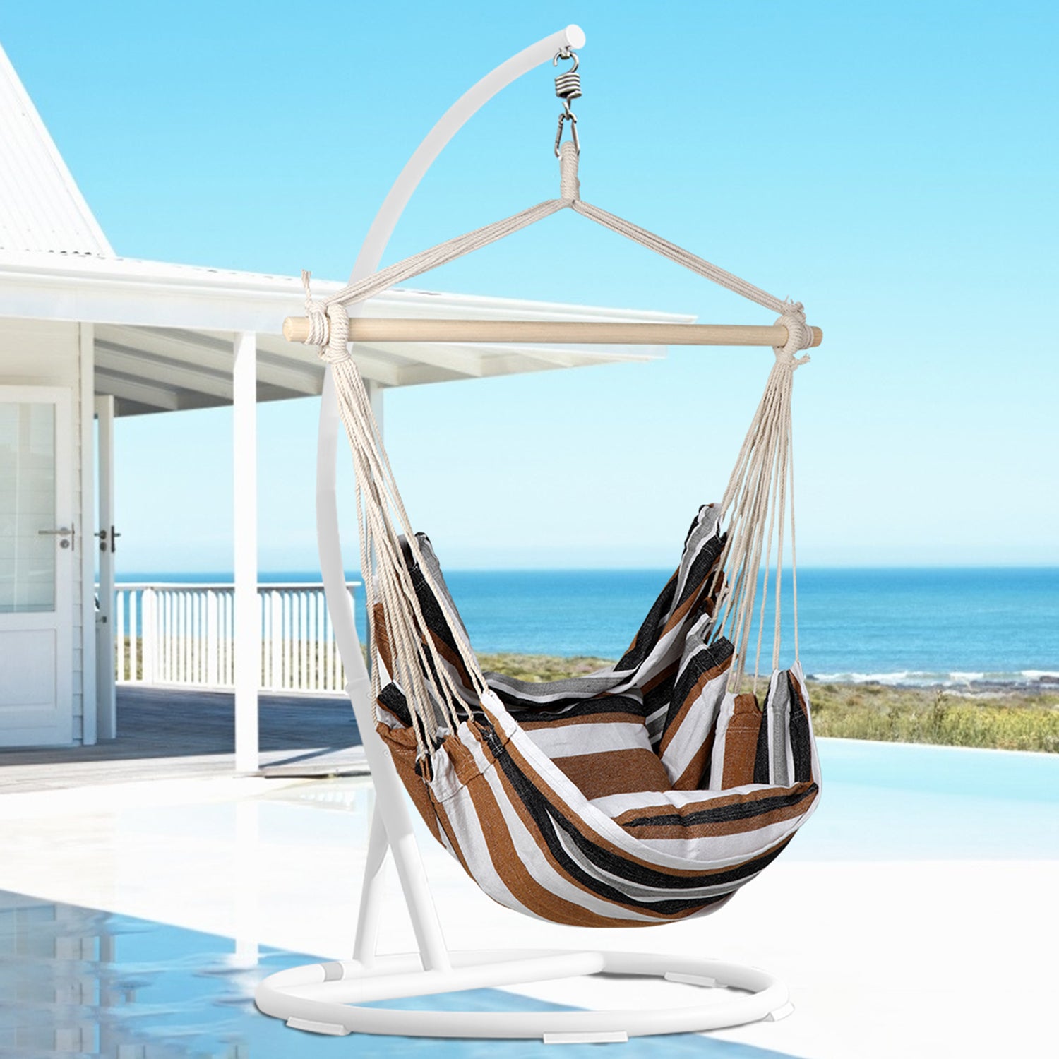 SUGIFT  Hammock Chair, Large Swing Chair Suitable for Indoor and Outdoor Use, Cotton Coffee Stripes