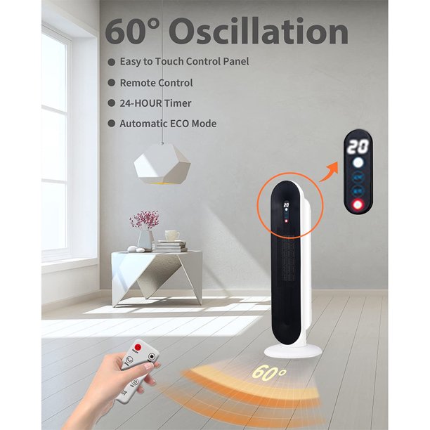 1500W Ceramic Tower Space Heater with Remote,White