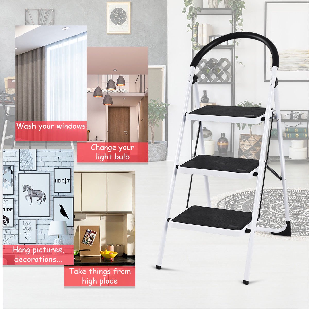 SUGIFT  3 Step Ladder Folding Stool Heavy Duty 330Lbs Capacity Industrial Lightweight, Wh
