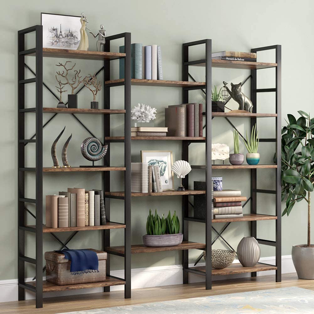 SUGIFT  Triple Wide 5-Shelf Bookcase, Etagere Large Open Bookshelf Vintage Industrial Style Shelves Wood and Metal bookcases Furniture for Home & Office (Retro Brown)