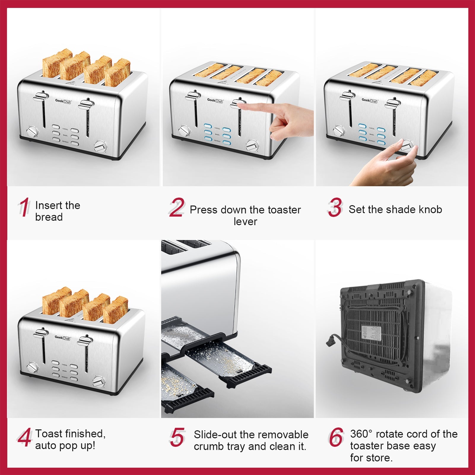 SUGIFT  Toaster 4 Slice, Geek Chef Stainless Steel Extra-Wide Slot Toaster with Dual Control Panels of Bagel/Defrost/Cancel Function(Sliver-Black)