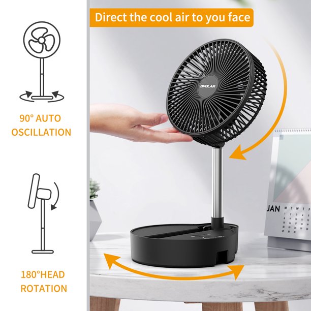 Oscillating Fan, 8 Inch Portable Foldaway Fan, Rechargeable Desk Fan with 3 Speeds, Height Adjustment for Home, Camping, Tent, Travel
