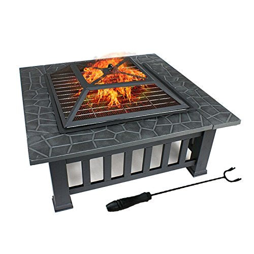 SUGIFT  32" Outdoor Fire Pit Square Metal Firepit Backyard Patio Garden Stove Wood Burning Fire Pit W/Rain Cover, Black