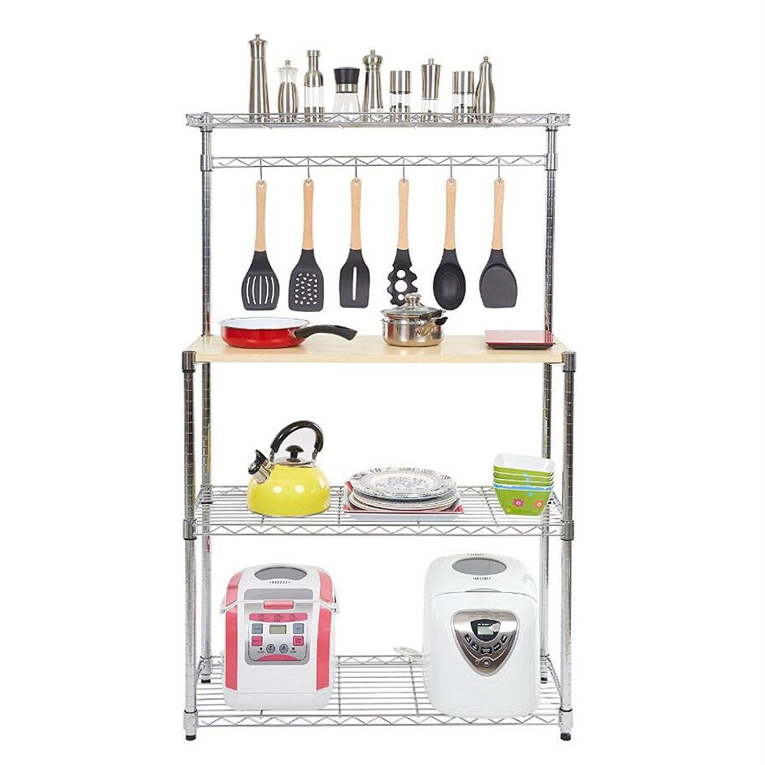 SUGIFT  Four-Tier Kitchen Baker Rack Microwave Oven Support with MDF Board and 6 Hooks, Silver