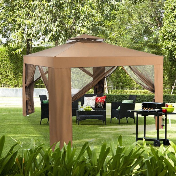 SUGIFT  10x10 Ft Outdoor Gazebo Patio Tents Garden Canopy Shelter W/ Netting, Brown