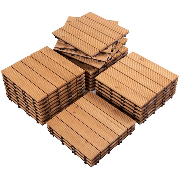 SUGIFT  12''x12''Interlocking Wood Flooring Tiles Indoor & Outdoor for Patio Garden Deck Poolside Pack of 27 Natural