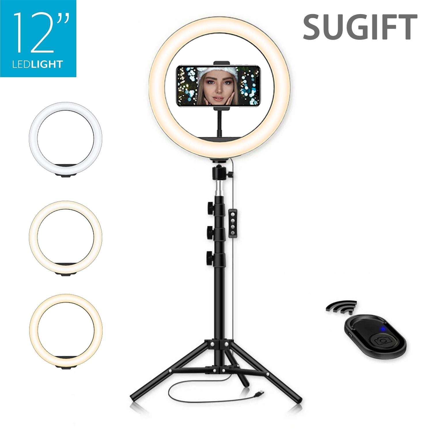 SUGIFT Studio Light USB Power Ball-Head Mount Adjustable Tripod 3 Colors 10 Brightness Levels In-Line Remote