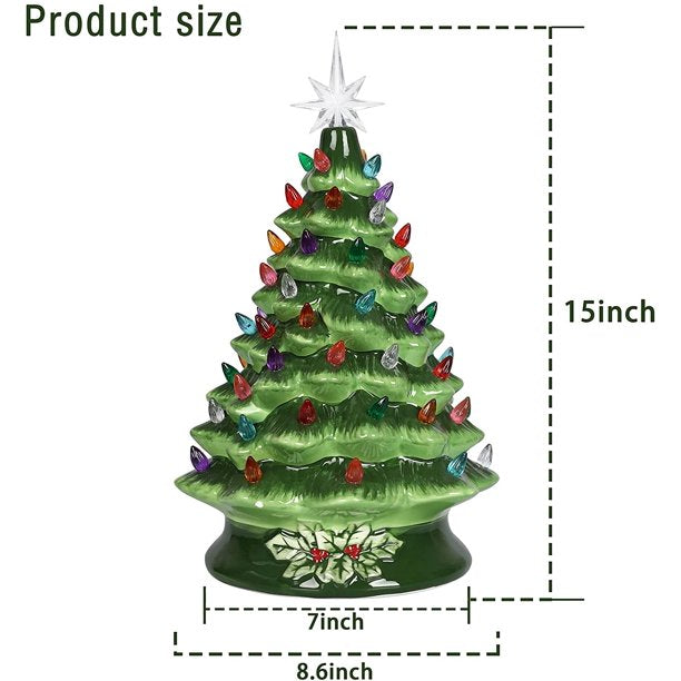 SUGIFT  15in Pre-Lit Hand-Painted Ceramic Tabletop Christmas Tree w/ 64 Lights - Green