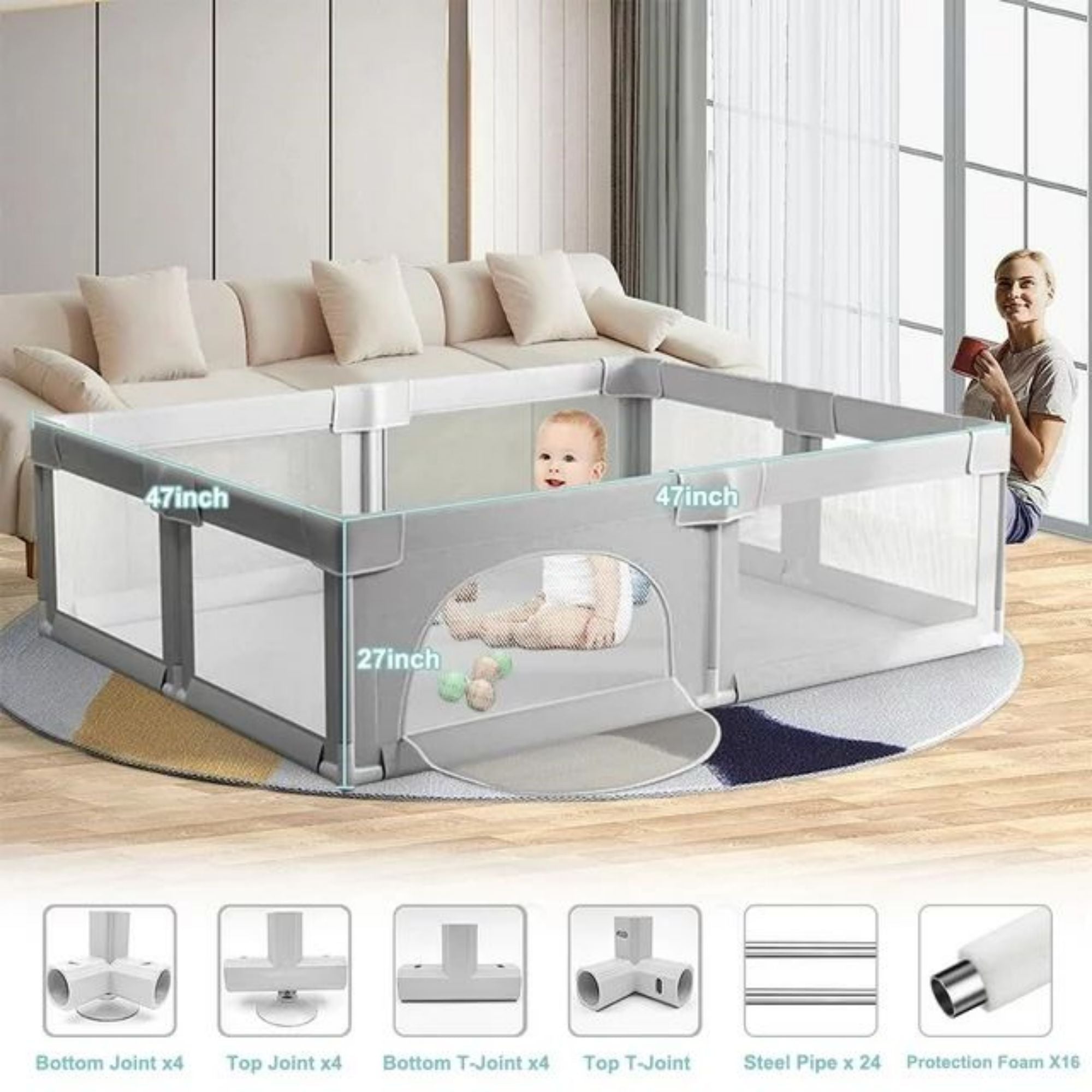 SUGIFT Baby Playpen Large Play Yard Fence for Toddlers Baby Playard Bassinet with Travel Bag