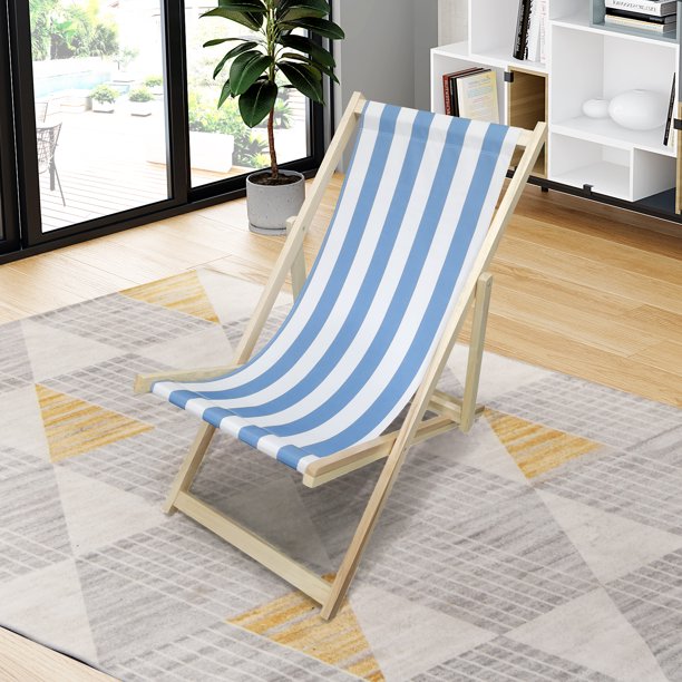 SUGIFT  Beach Sling Chair, Lounge Striped Chair Outdoor, Reclining Beach Chair, Wooden Folding Adjustable Patio Chair, Light Blue