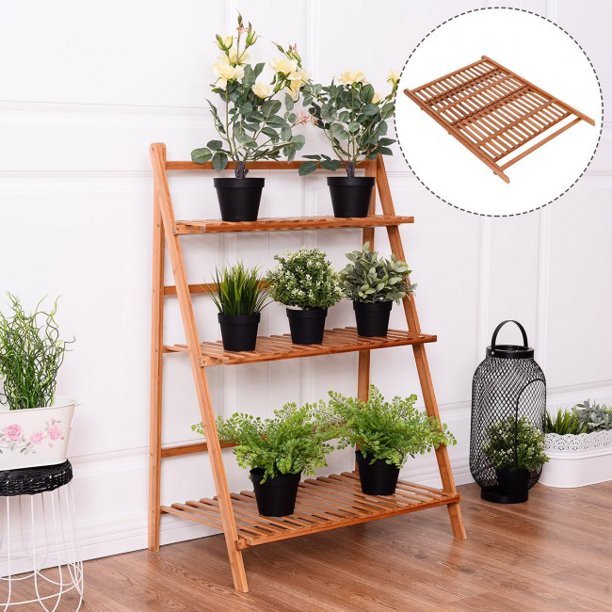SUGIFT  Plant Storage Shelf 3-tier Folding Bamboo Flower Shelf