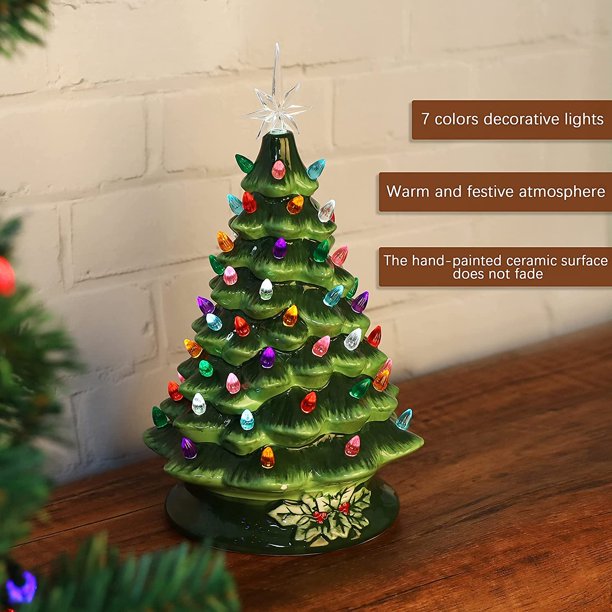 SUGIFT  15in Pre-Lit Hand-Painted Ceramic Tabletop Christmas Tree w/ 64 Lights - Green