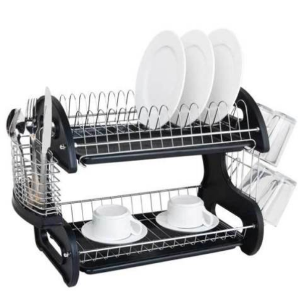 Multifunctional Dual Layers Bowls & Dishes & Chopsticks & Spoons Collection Shelf Dish Drainer Black