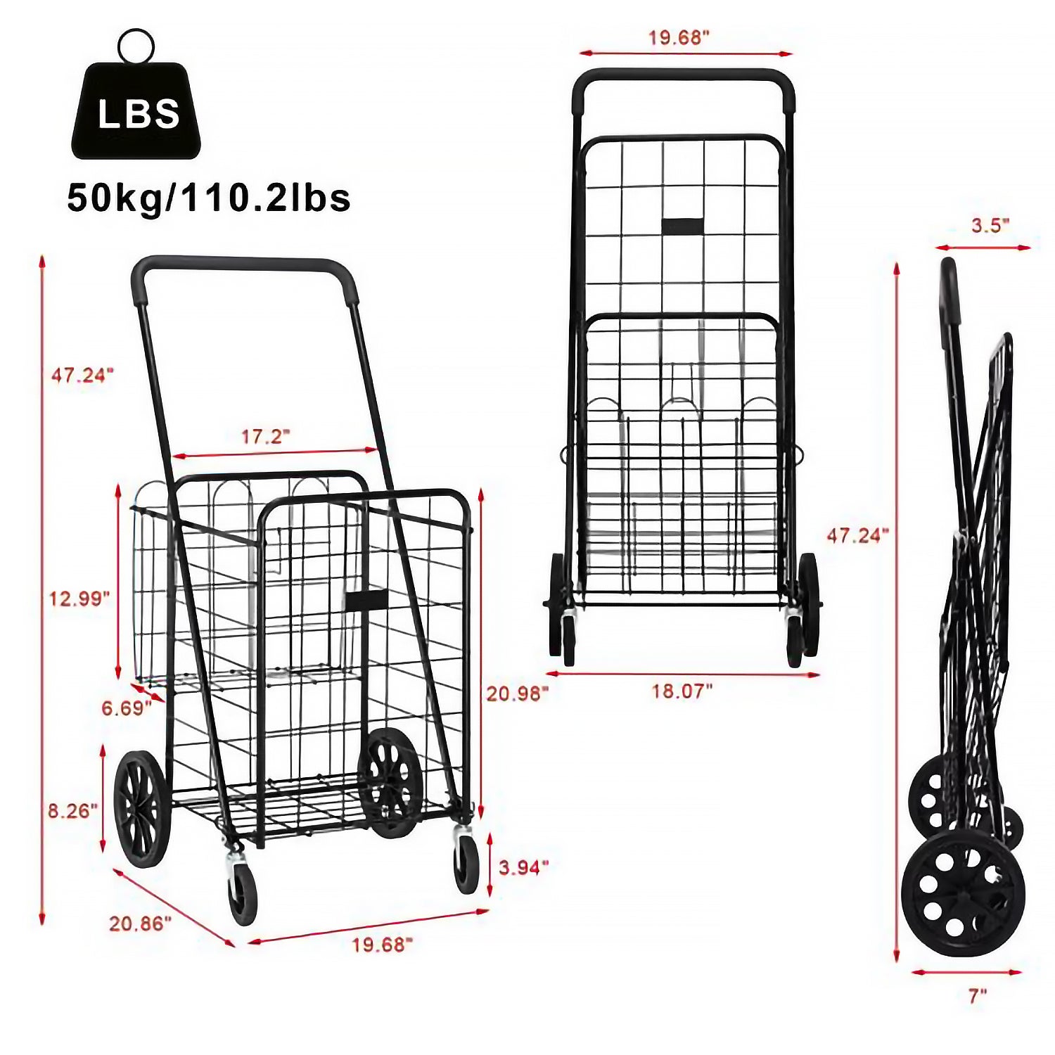 SUGIFT  Iron 1200mm Telescopic Armrest 0.8mm No. 16 Round Tube 50kg Black Foldable Shopping Cart