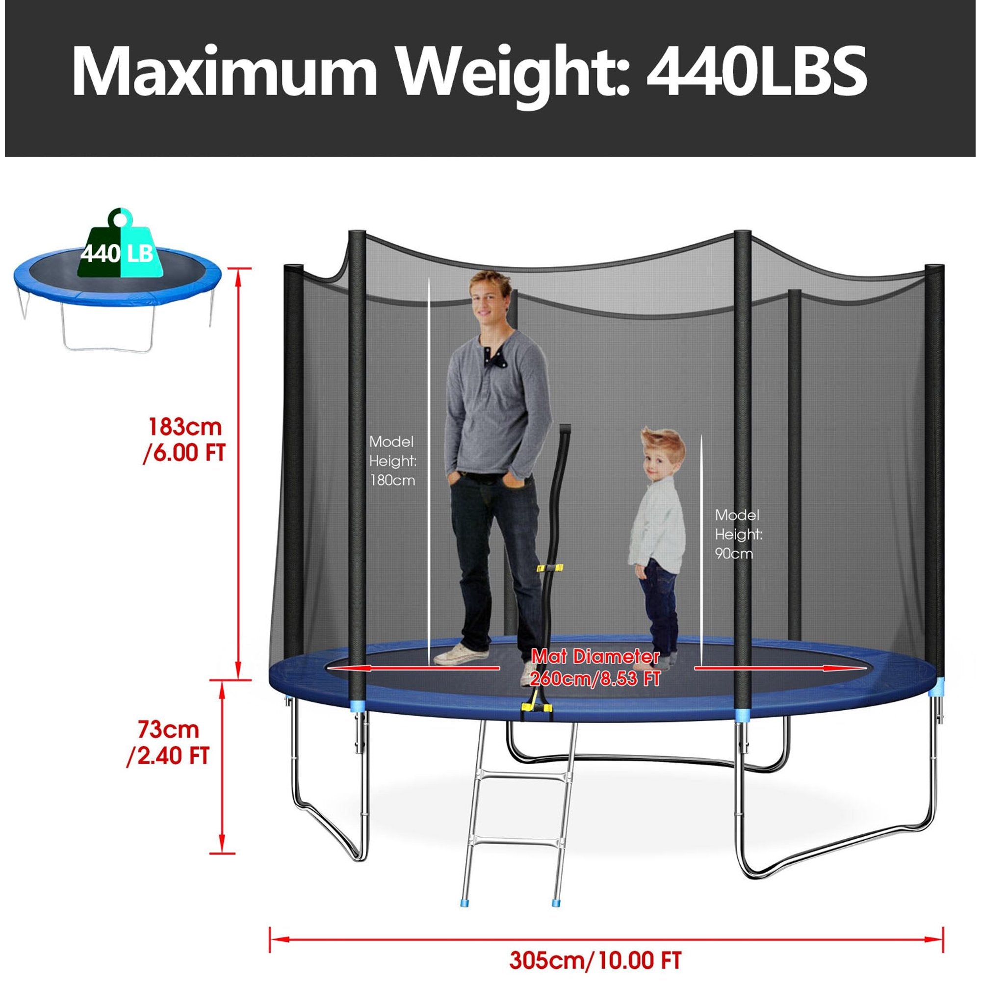 SUGIFT 10ft Trampoline for Kids and Adults with Safety Enclosure Net Jumping Mat, Safety Pad, Hold Up to 680LBS