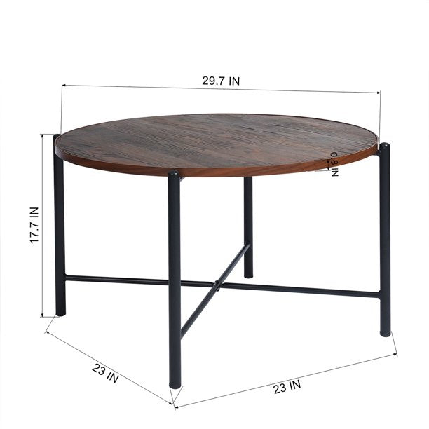 SUGIFT  Coffee Table Wood Cocktail Table Tea Desk 29.7 Inch Large Round Coffee Table Solid Metal Frame Table for Living Room