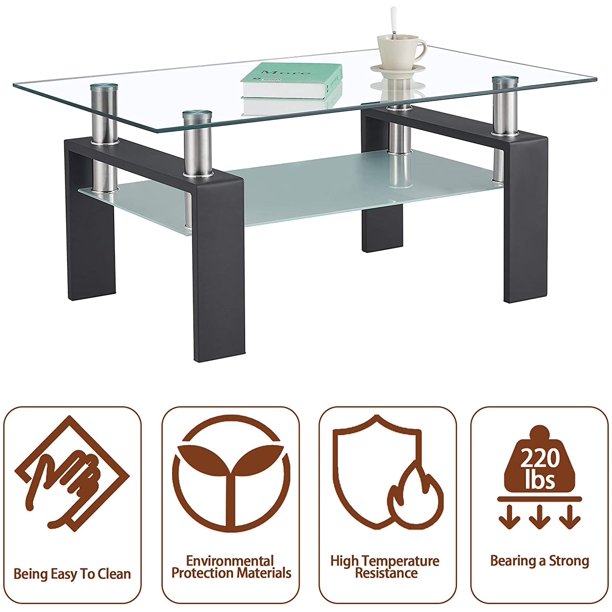 SUGIFT  Rectangle Glass Coffee Table 2-Tier Tea Table Modern Side Coffee Table for Living Room Black