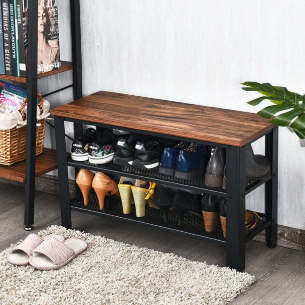 SUGIFT 3-Tier Shoe Rack Industrial Shoe Bench with Storage Shelves
