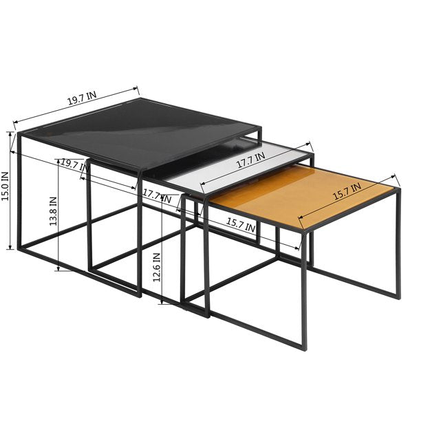SUGIFT  3-Piece Mirror Top Nesting Coffee Table End Desk/Side Table Set in Black Steel Tube