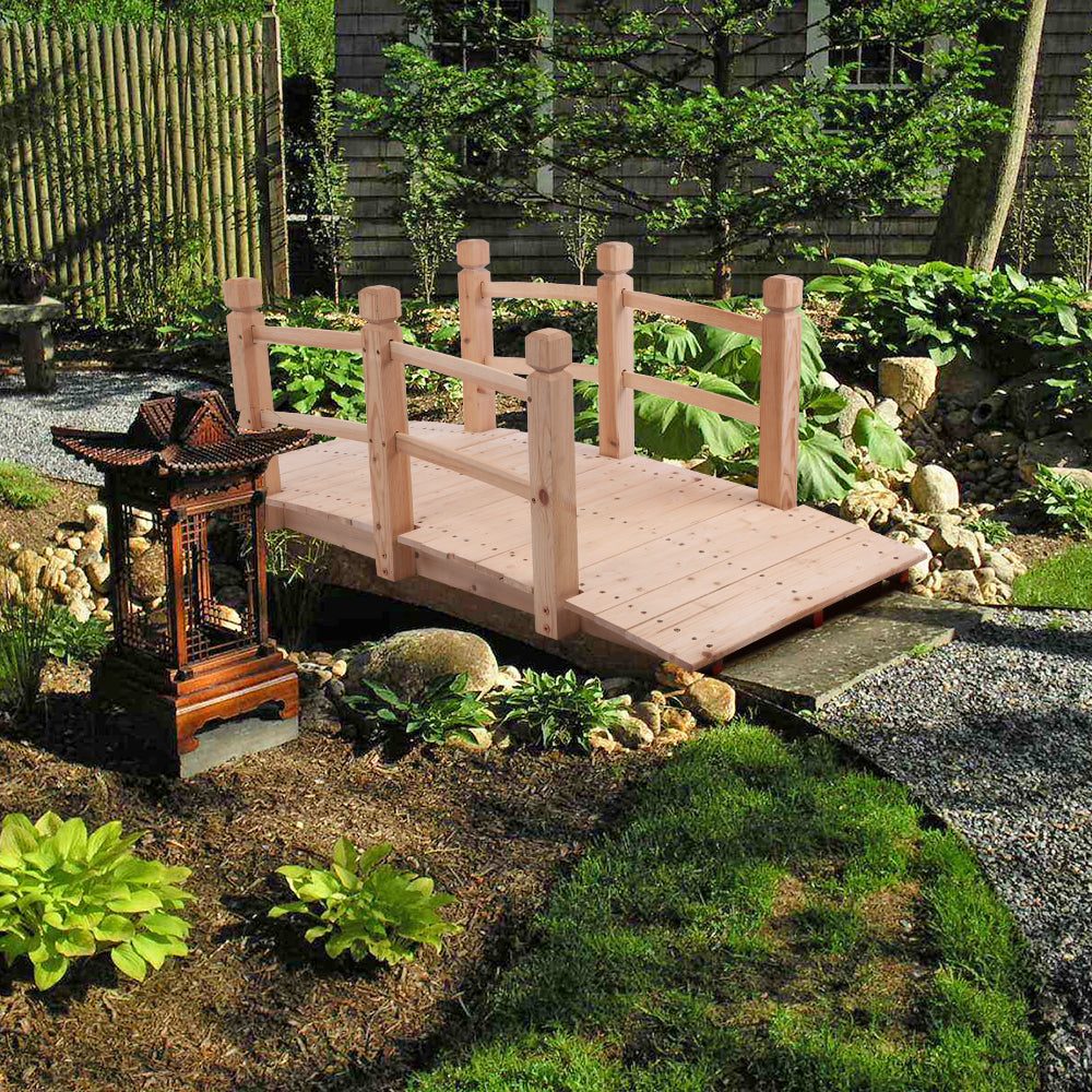 SUGIFT  Courtyard Landscape Bridge, 5 feet Outdoor Arched Bridge, Natural Wood Color