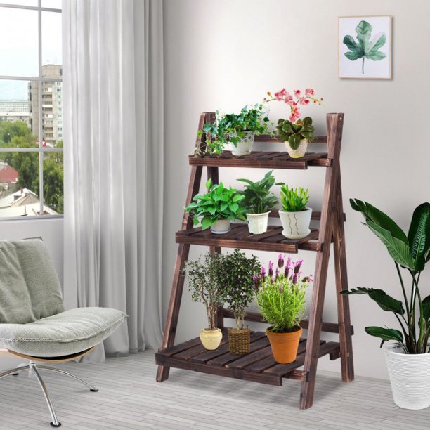 SUGIFT  Folding Storage 3 Tier Outdoor Wood Design Folding Display Flower Stand