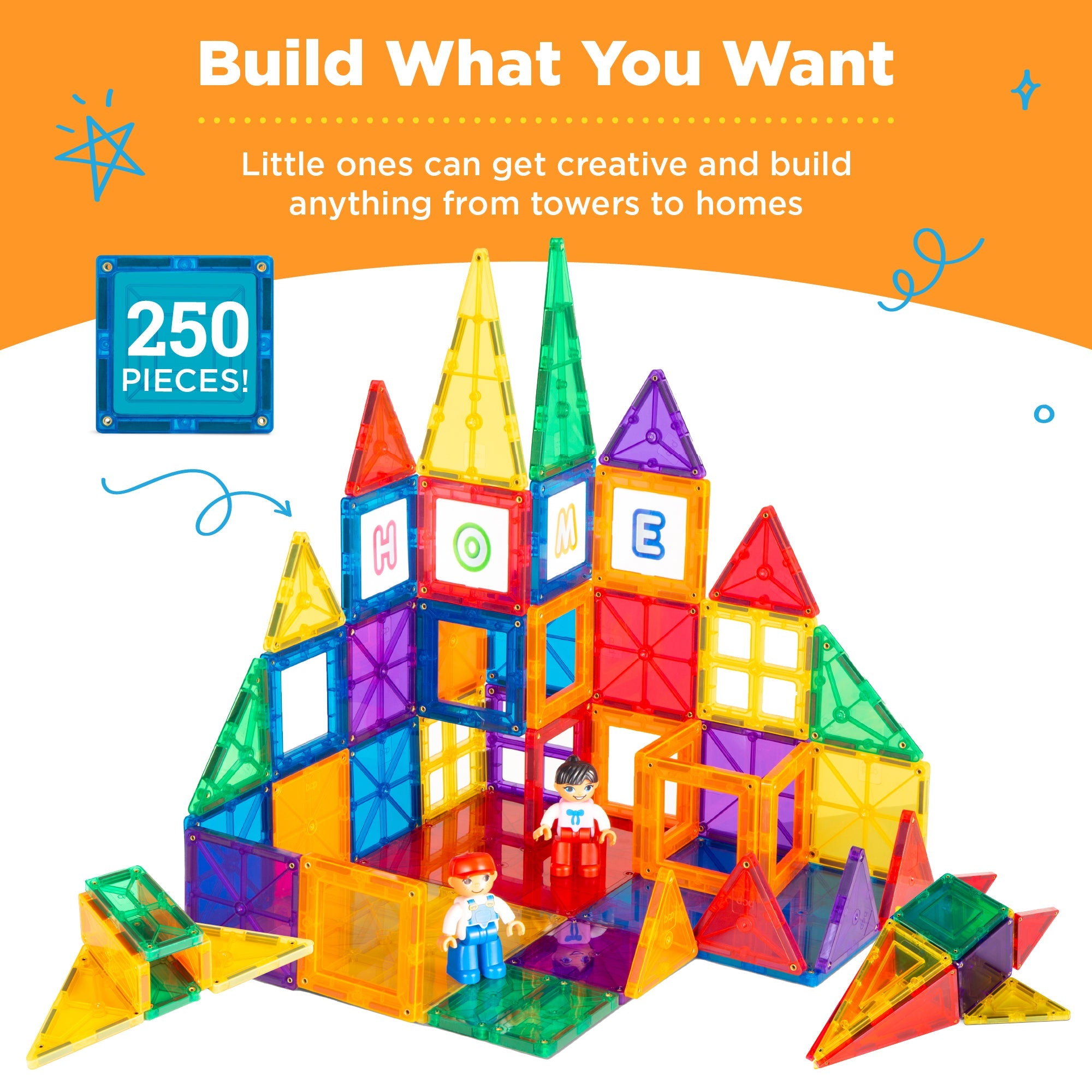 SUGIFT  250-Piece Kids Magnetic Tiles Set Construction Building Blocks Educational STEM Toy