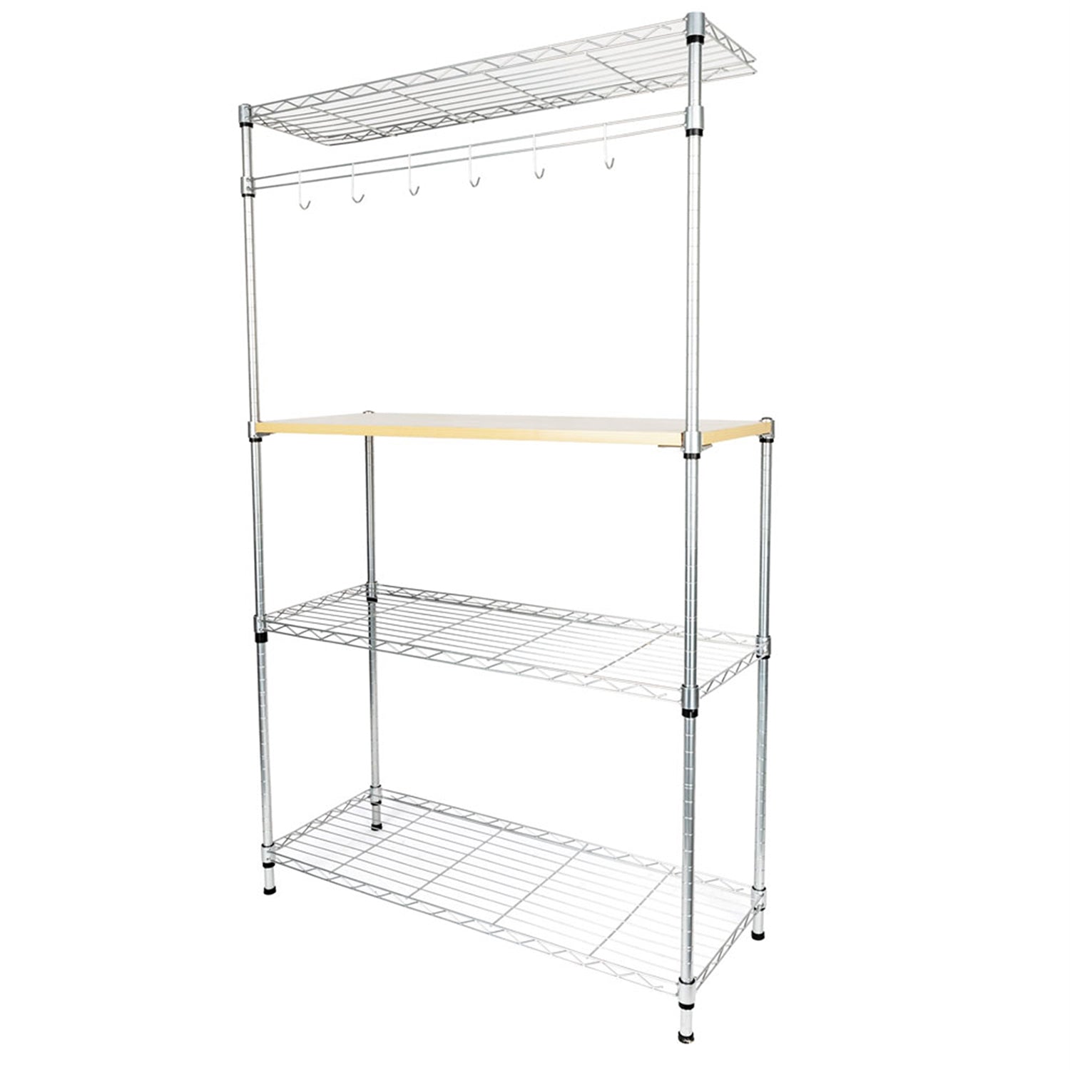 SUGIFT  Four-Tier Kitchen Baker Rack Microwave Oven Support with MDF Board and 6 Hooks, Silver