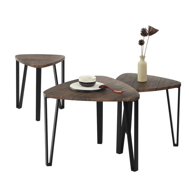 SUGIFT  Stacking Side Table Set of 3, Nesting Triangle End Coffee Tables, Vintage Brown
