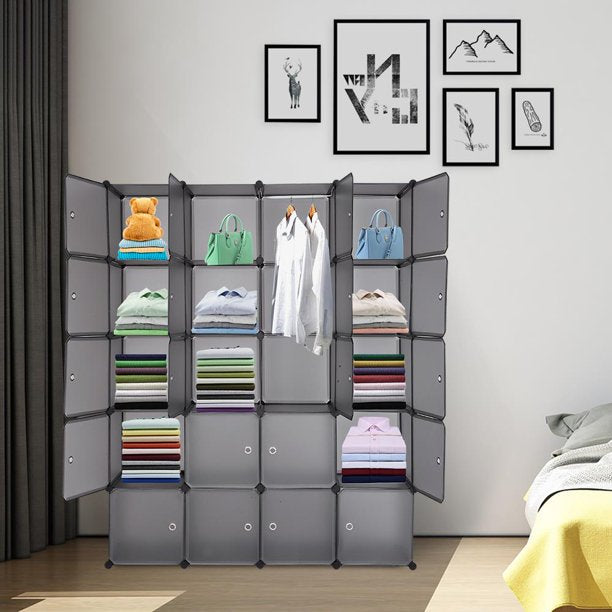 SUGIFT  20-Cube Organizer Stackable Plastic Storage Wardrobe Portable Closet, Gray