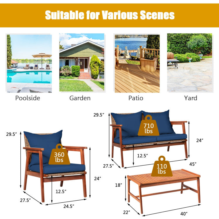 SUGIFT 4 Pieces Acacia Wood Patio Rattan Furniture Set with Cushions