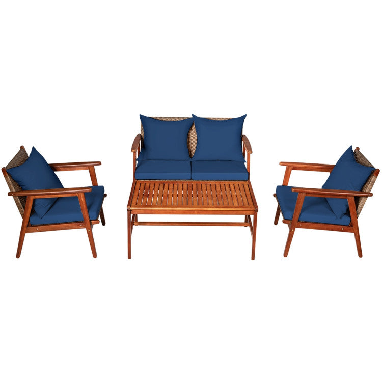 SUGIFT 4 Pieces Acacia Wood Patio Rattan Furniture Set with Cushions