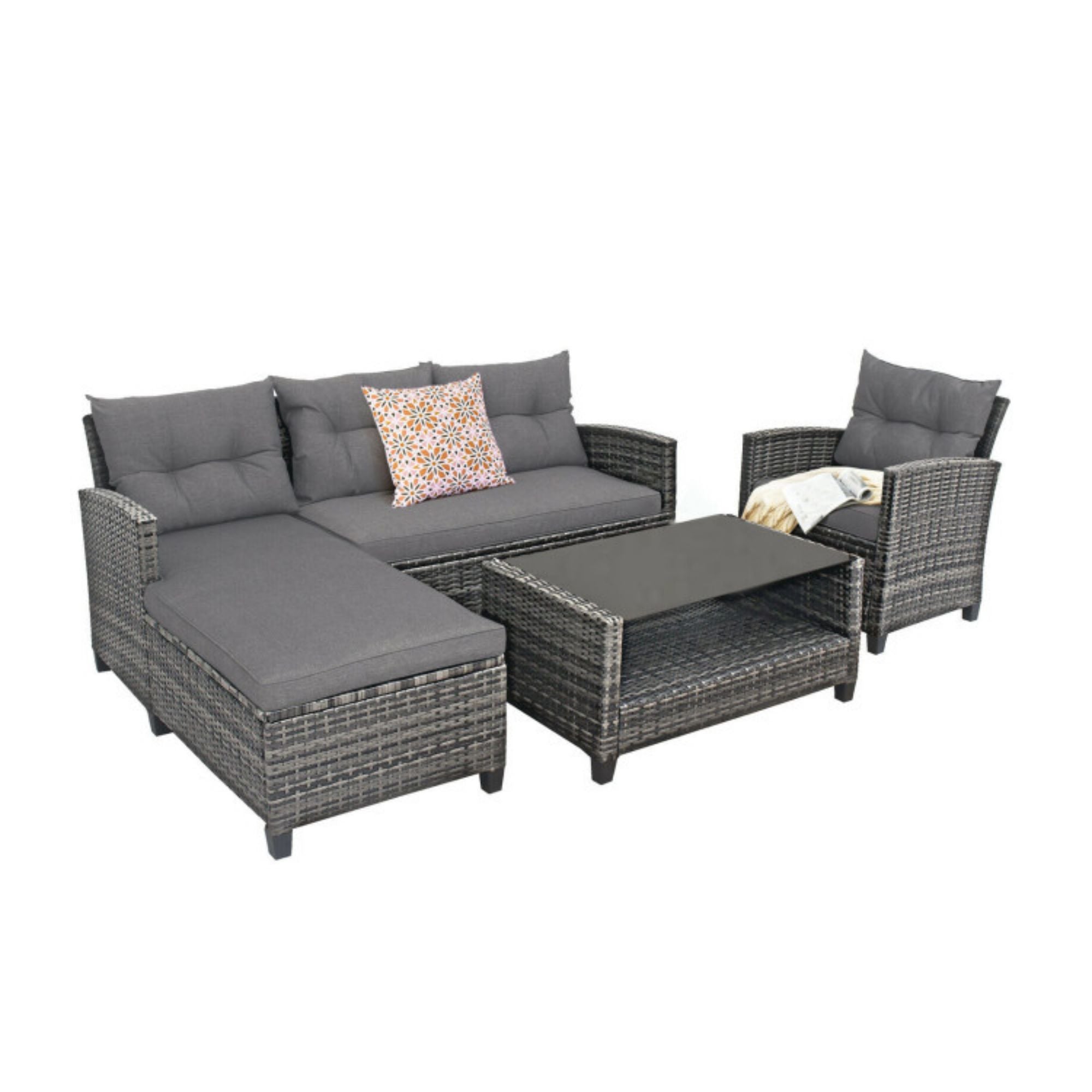 SUGIFT 4 Pieces Patio Rattan Furniture Set with Cushion and Table Shelf