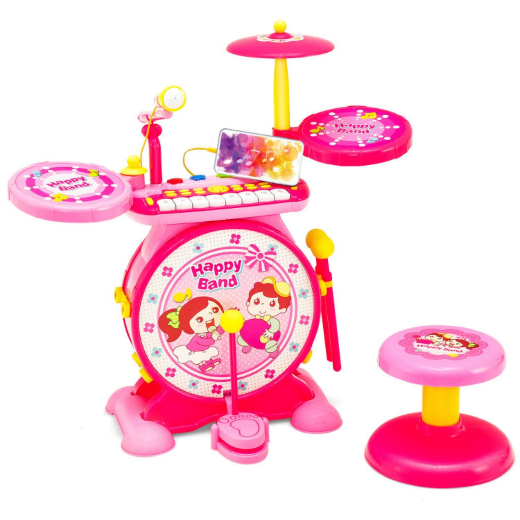 SUGIFT Pink 2-in-1 Kids Electronic Drum and Keyboard Set with Stool