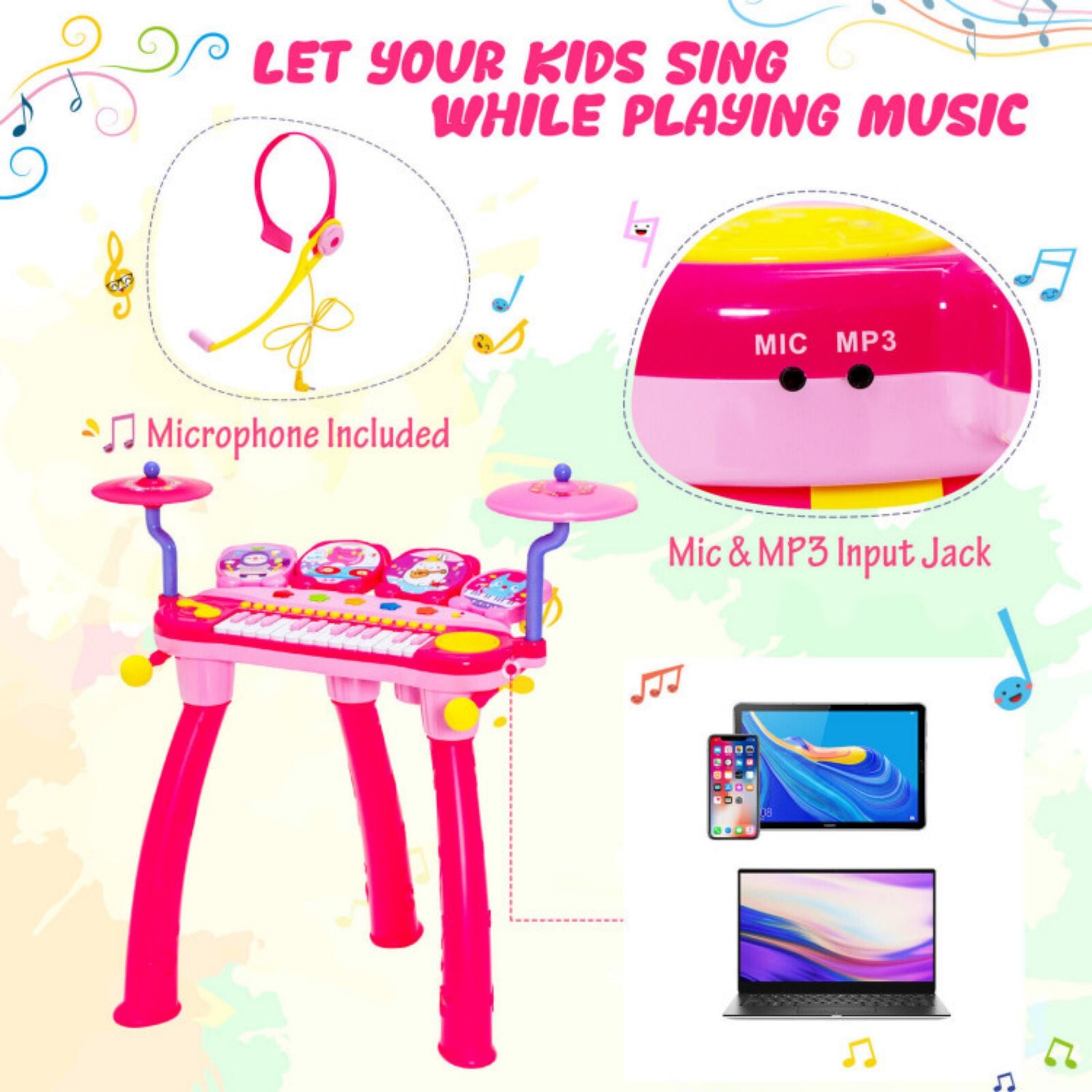 SUGIFT Pink 24-Key Piano Keyboard DJ Drum Combination with Microphone and MP3