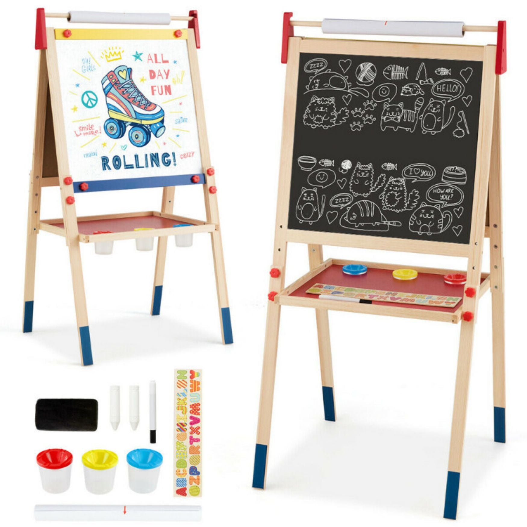 SUGIFT All-in-One Wooden Height Adjustable Kid's Art Easel with Magnetic Stickers and Paper