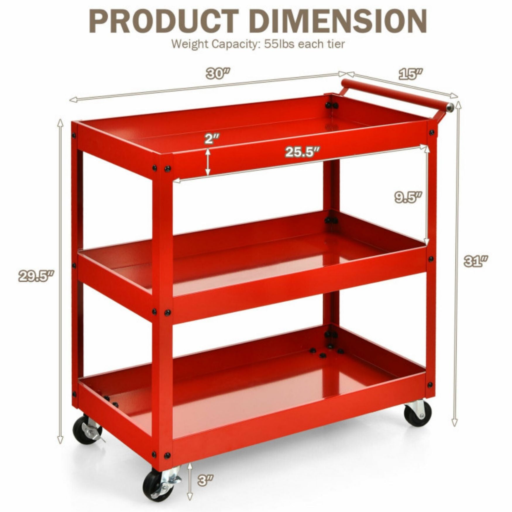 SUGIFT? 3-Tier Utility Cart with Steel Frame and Four Wheels
