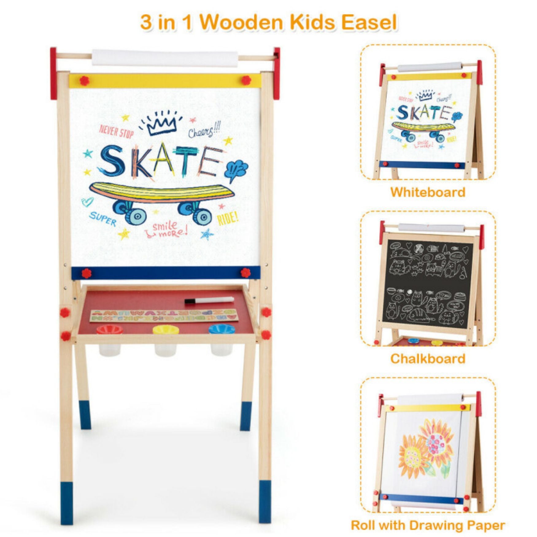 SUGIFT All-in-One Wooden Height Adjustable Kid's Art Easel with Magnetic Stickers and Paper