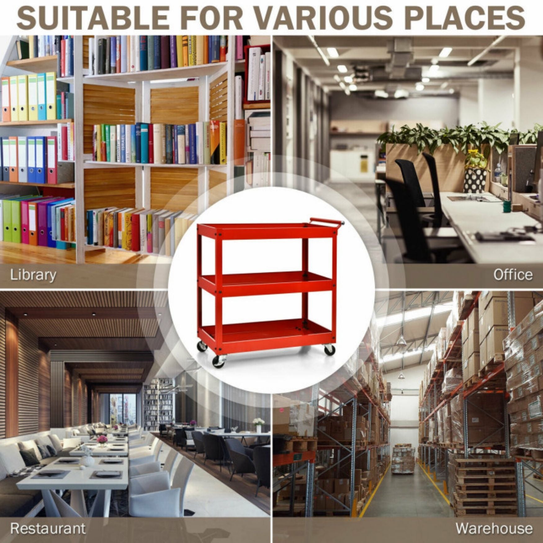 SUGIFT? 3-Tier Utility Cart with Steel Frame and Four Wheels