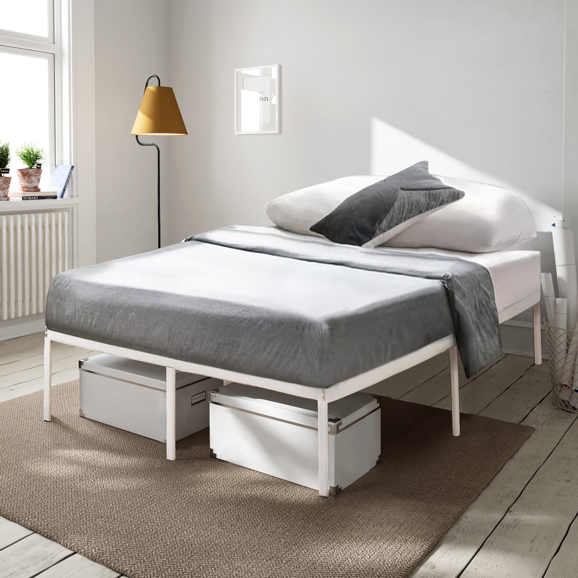 SUGIFT Metal 14-inch Platform Bed Frame - White - Queen