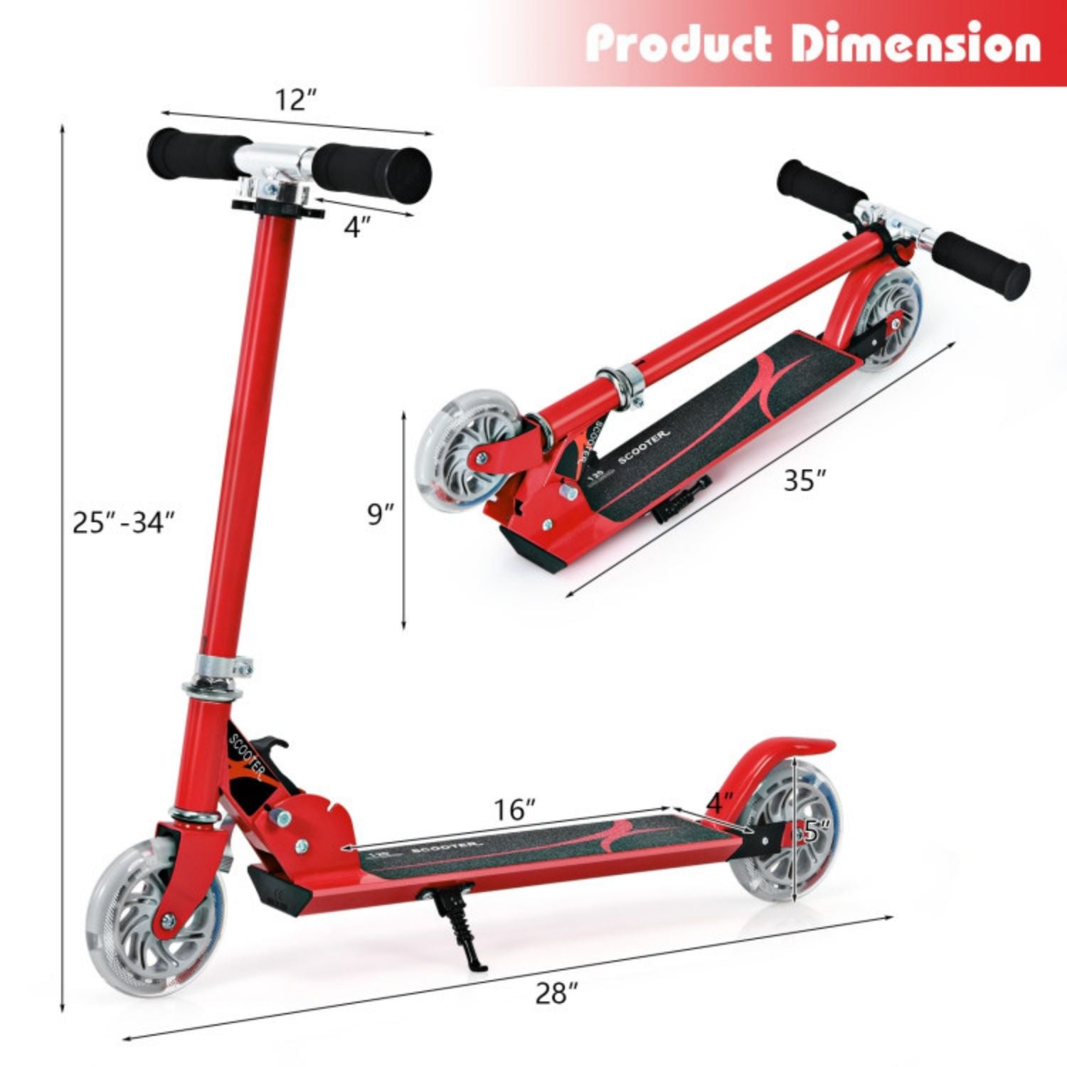 SUGIFT Folding Aluminum Kids Kick Scooter with LED Lights - Red